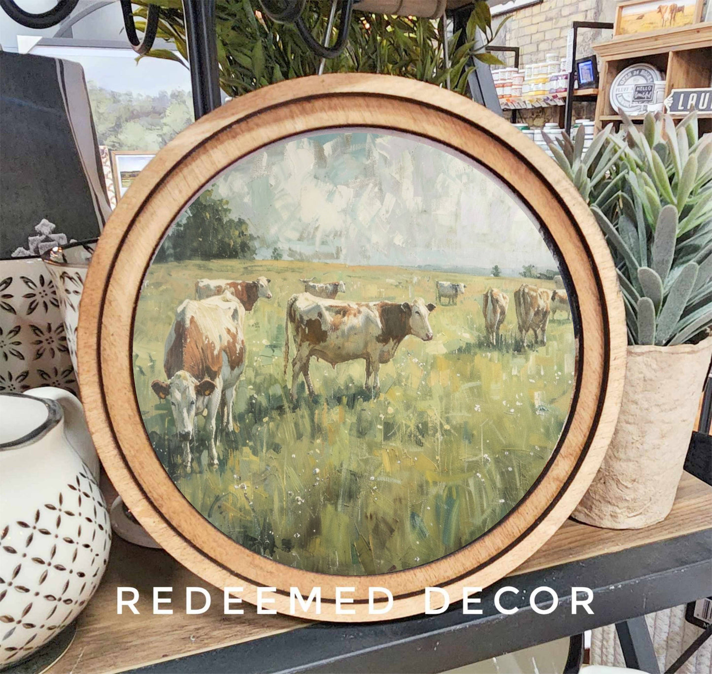 8" Round Spring Cows Art