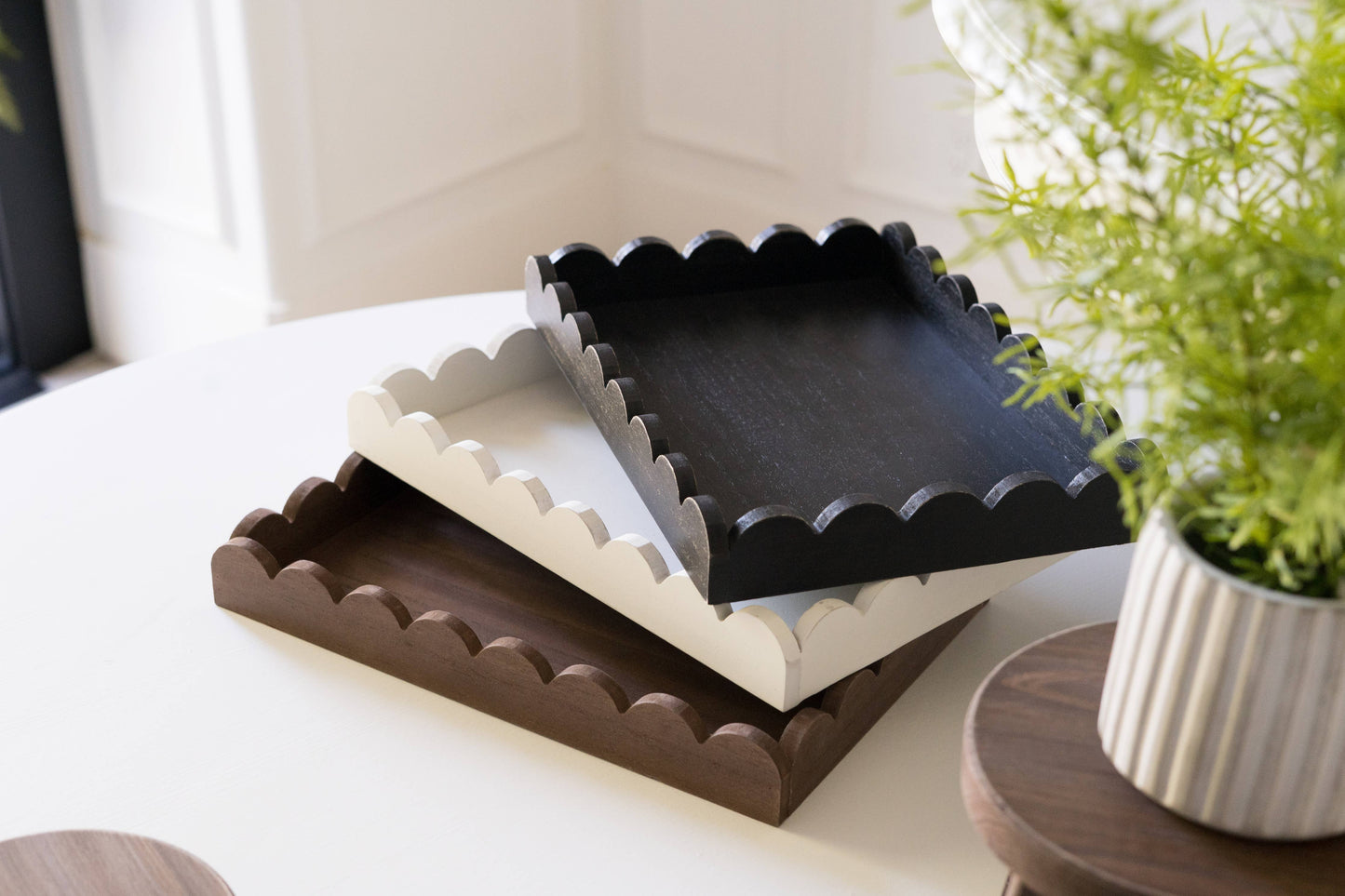 17008 - 13x9x2 wood scallop tray home decor, espresso