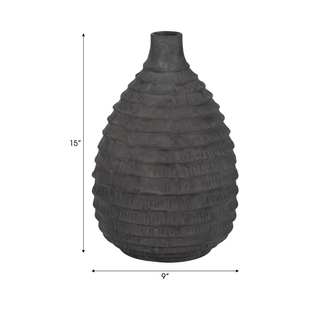 Black 15 in. Ceramic Bud Faded Ribbed Bulbous Vase