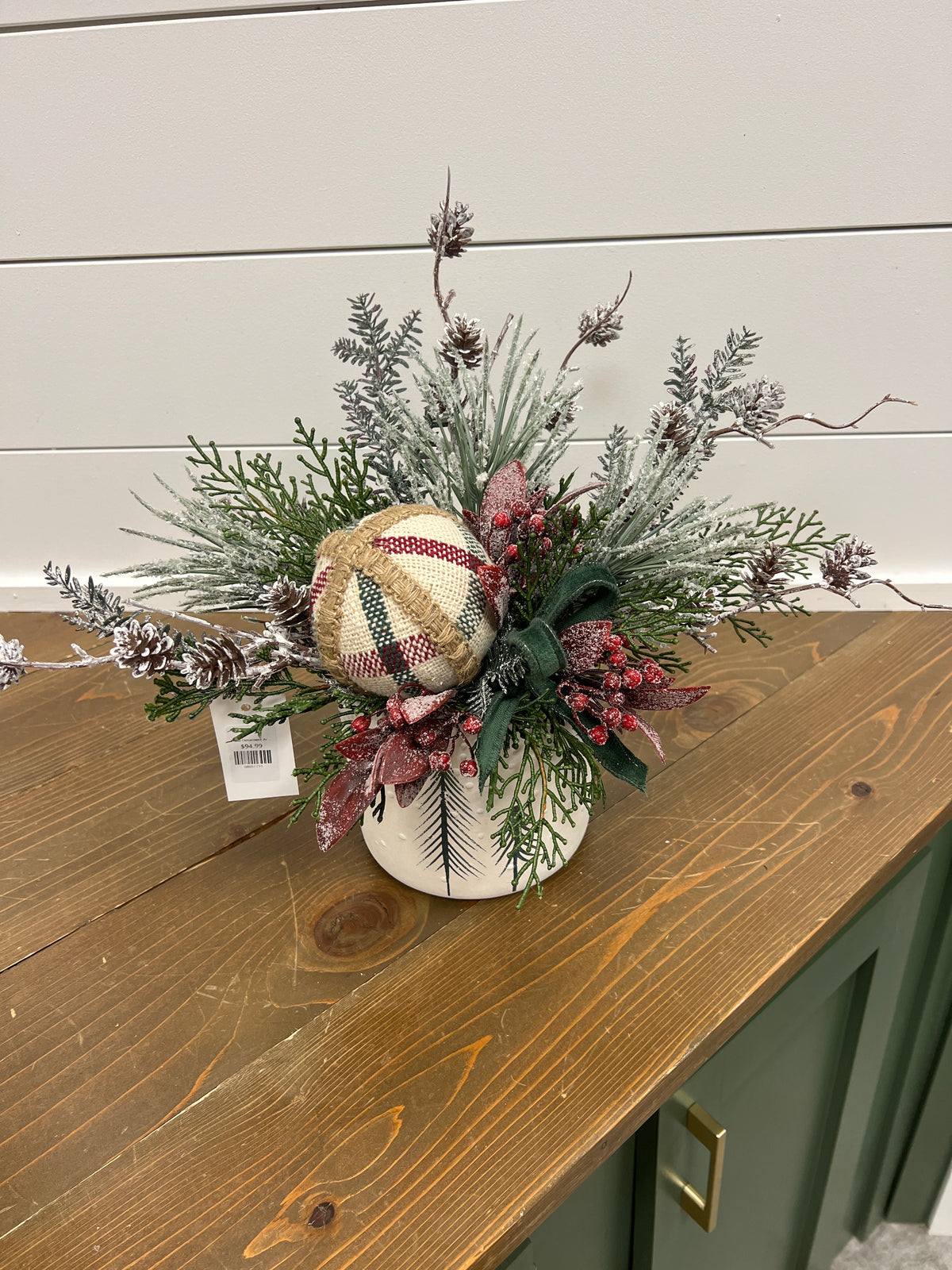Plaid Ornament Arrangement in Tree Container