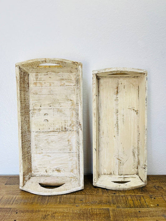 Wood Tray, 2PC Set, White, Handmade - 3.12