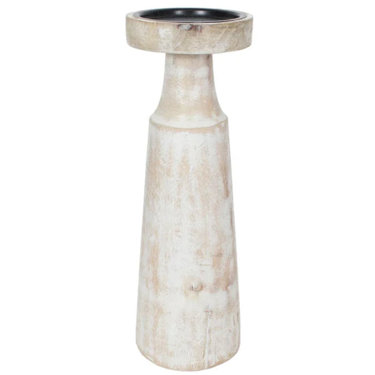 12" White Wash Wood Candle Holder