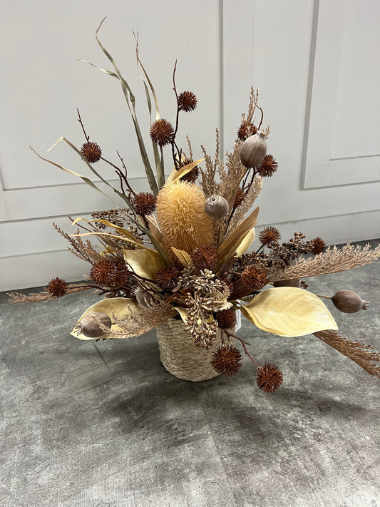 Brown Pods and Tan Foilage Silk Arrangement