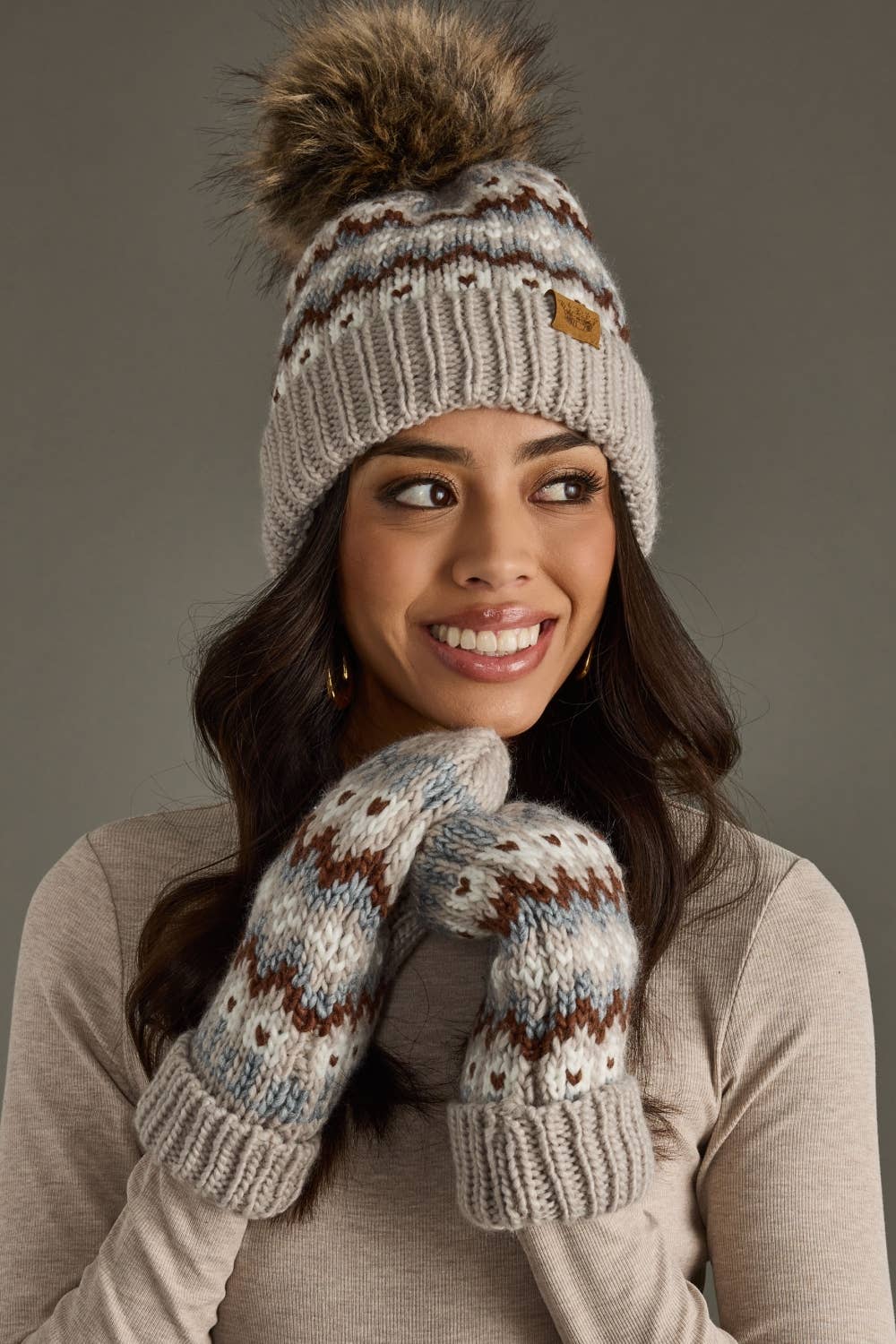Taupe, Brown & White Winter Pattern Pom Hat
