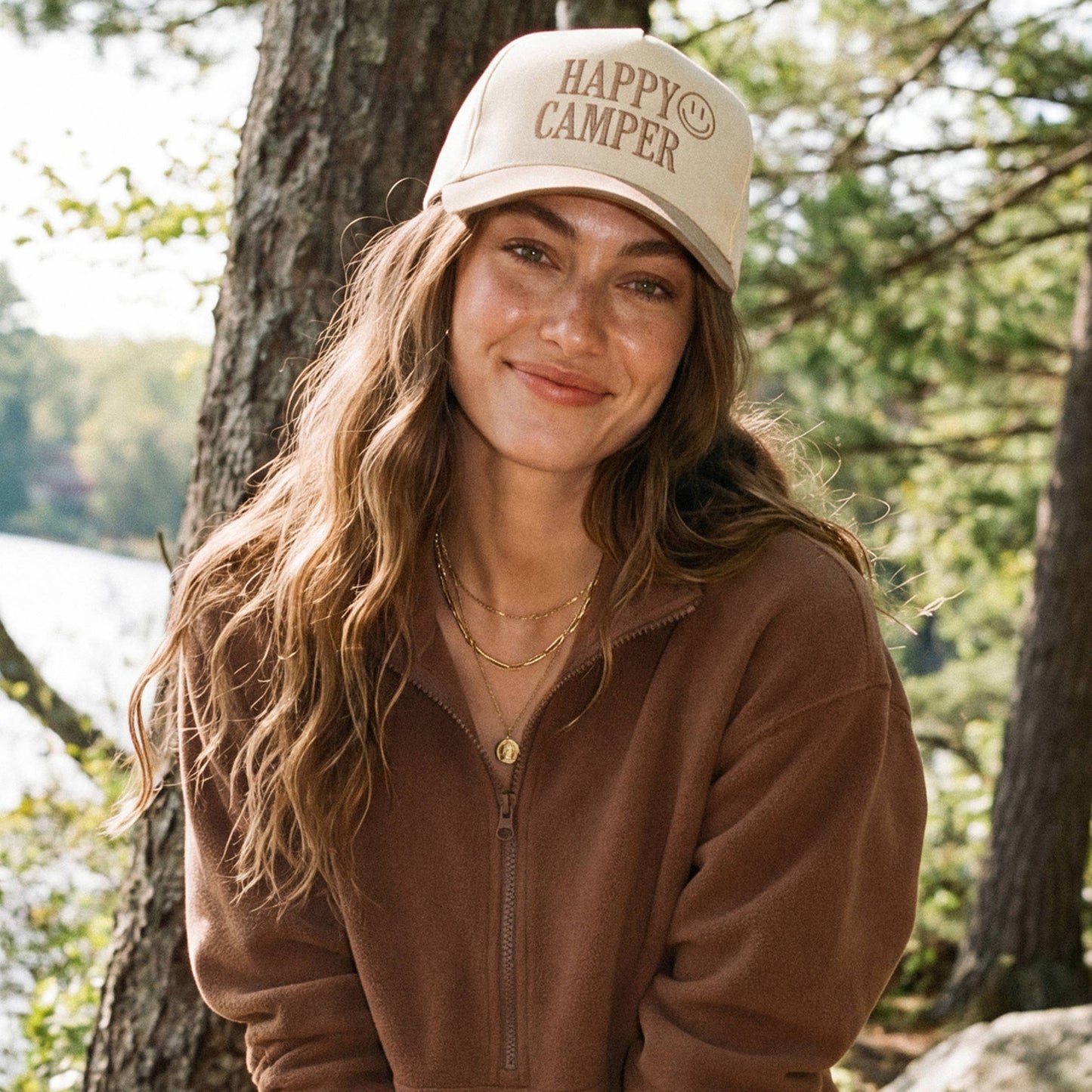 C.C HAPPY CAMPER Letter Embroidered on Two Tone Trucker Hat