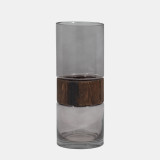 Glass 10" Cylinder Vase w/Wood Band, Clear