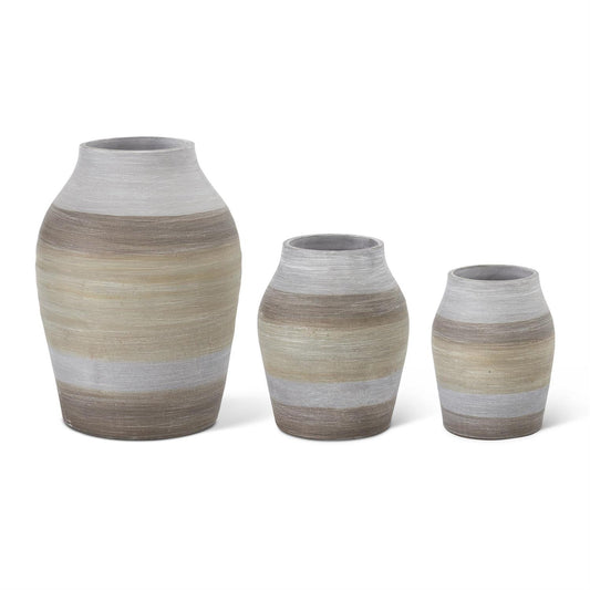 Brown Gray & Green Striped Terracotta Vase