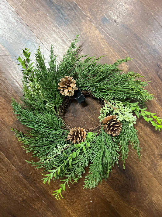 16 Inch Twig Pine & Myrtle Candle Ring w/Green Berries  and Pinecone