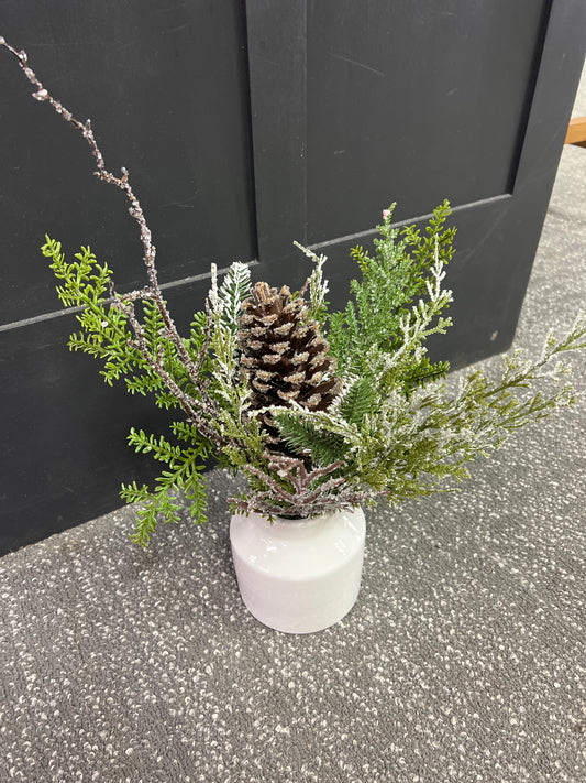 13" Iced Pine Cone/Pine in Vase