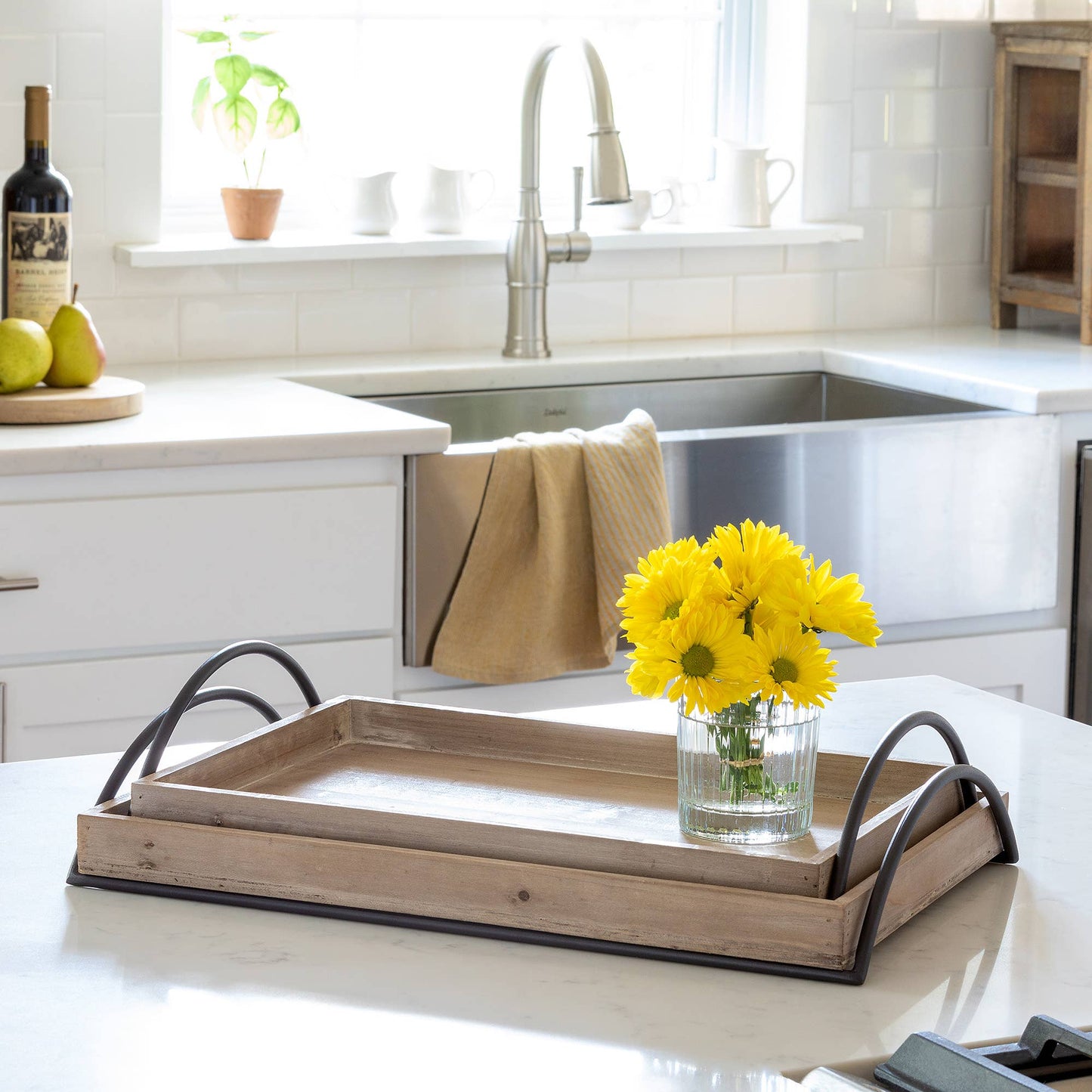 Park Hill Collection Wood Trays with Iron Handle, Set of 2