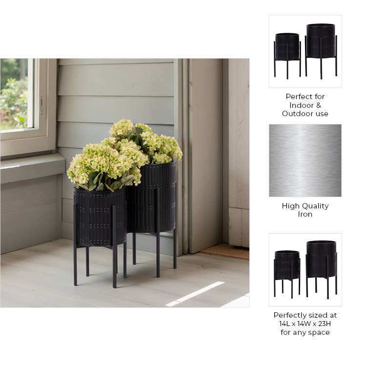 Metal Ridged Planter with Stand Black, 19/23 in.