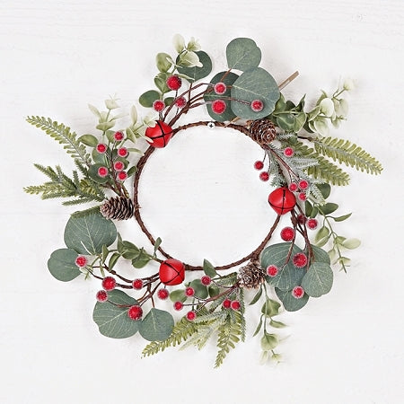 12" Wreath Sugar berries with red bells and silver dollar