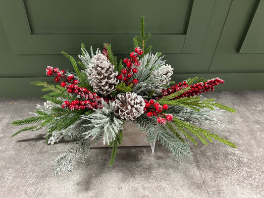 Red Berry with Frosted Greens in Cement Container