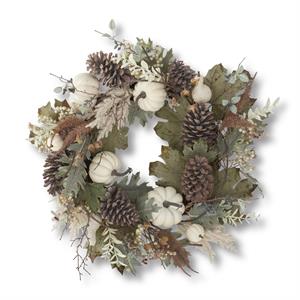 28 Inch Mixed Fall Foliage Wreath w/White Pumpkin