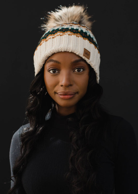 Cream & Multicolored Patterned Pom Hat