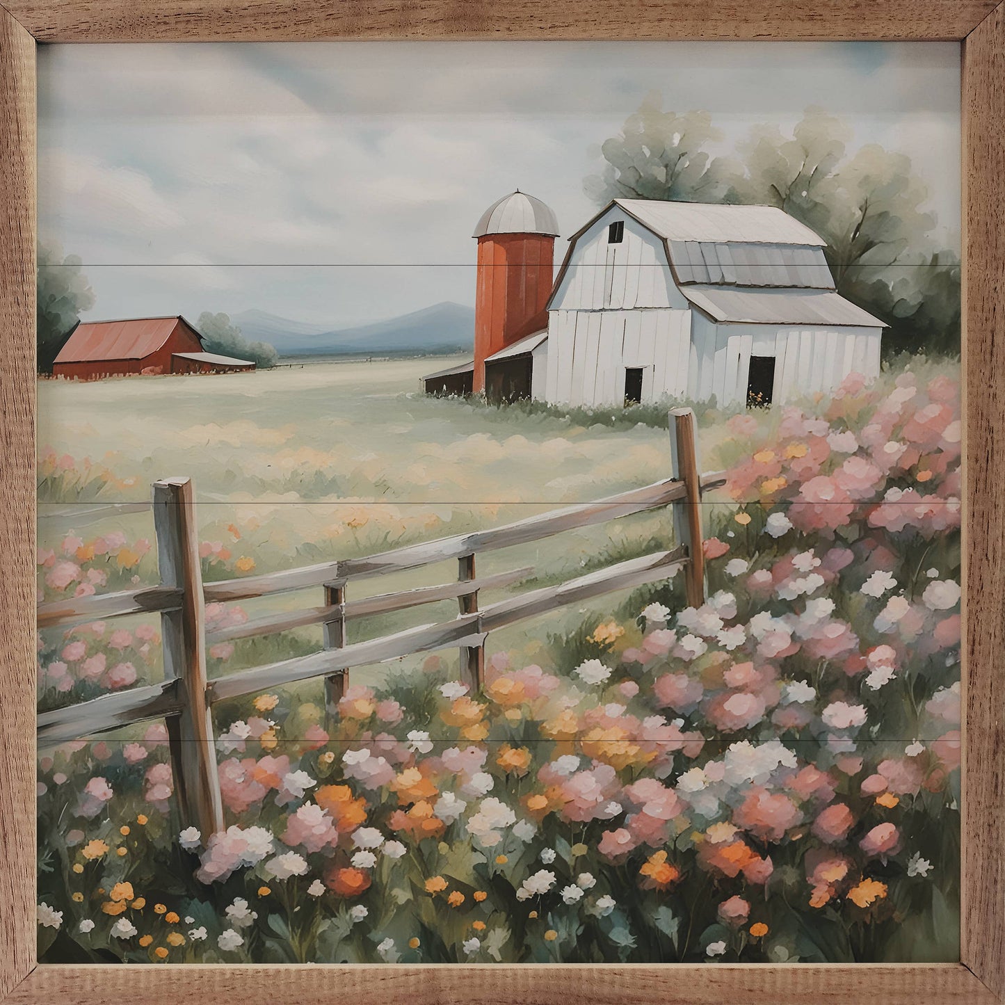 White Barn With Silo In Flower Field
