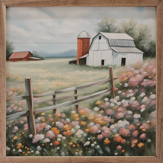 White Barn With Silo In Flower Field