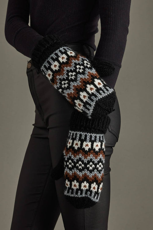 Black, White & Brown Winter Pattern Mittens