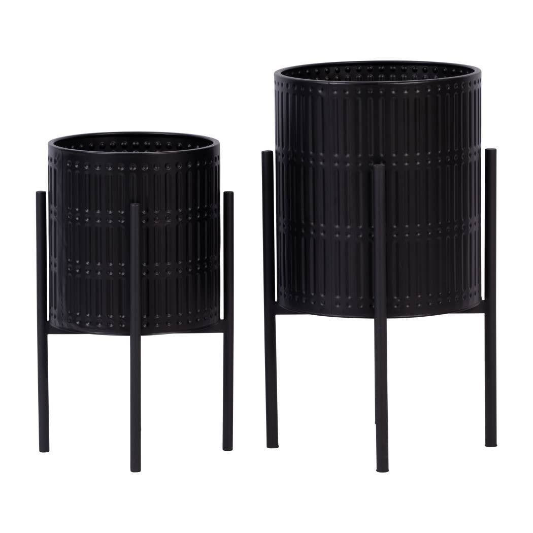 Metal Ridged Planter with Stand Black, 19/23 in.