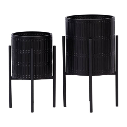 Metal Ridged Planter with Stand Black, 19/23 in.