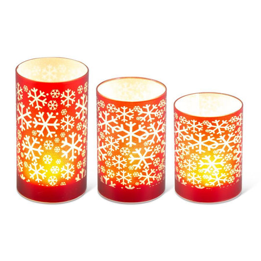 Red LED Glass Candleholder with snowflakes