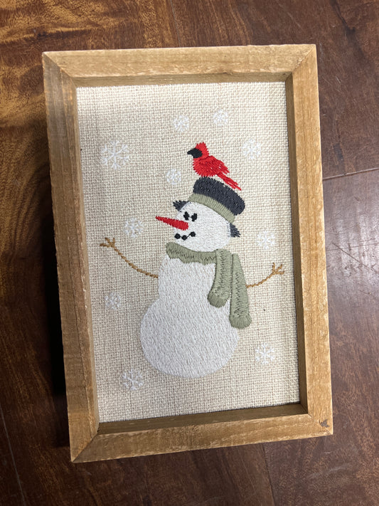 Snowman and Cardinal Embroidered Sign