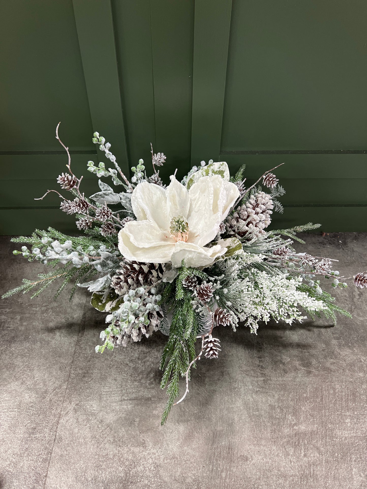 White Magnolia with Pinecones in Tree Container
