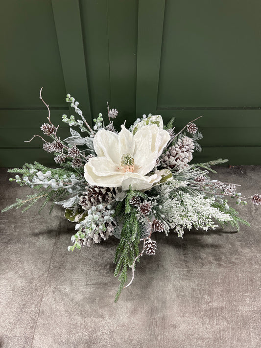 White Magnolia with Pinecones in Tree Container