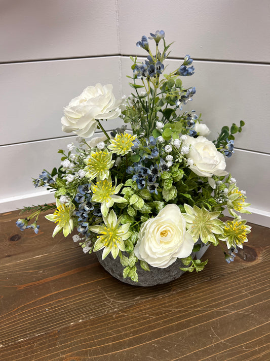 White Ranunculus with Greenery and Blue Arrangement