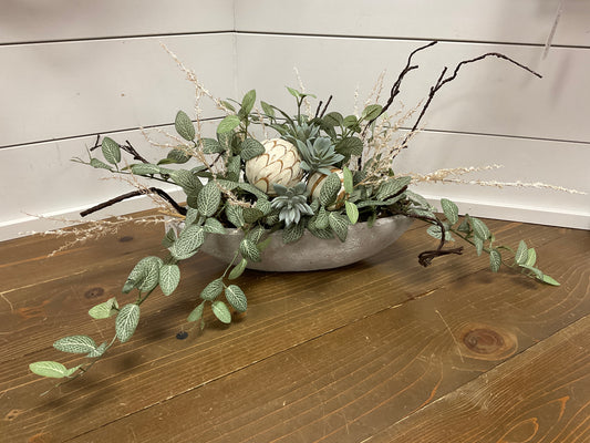 Cement Bowl with Succulents and Branches