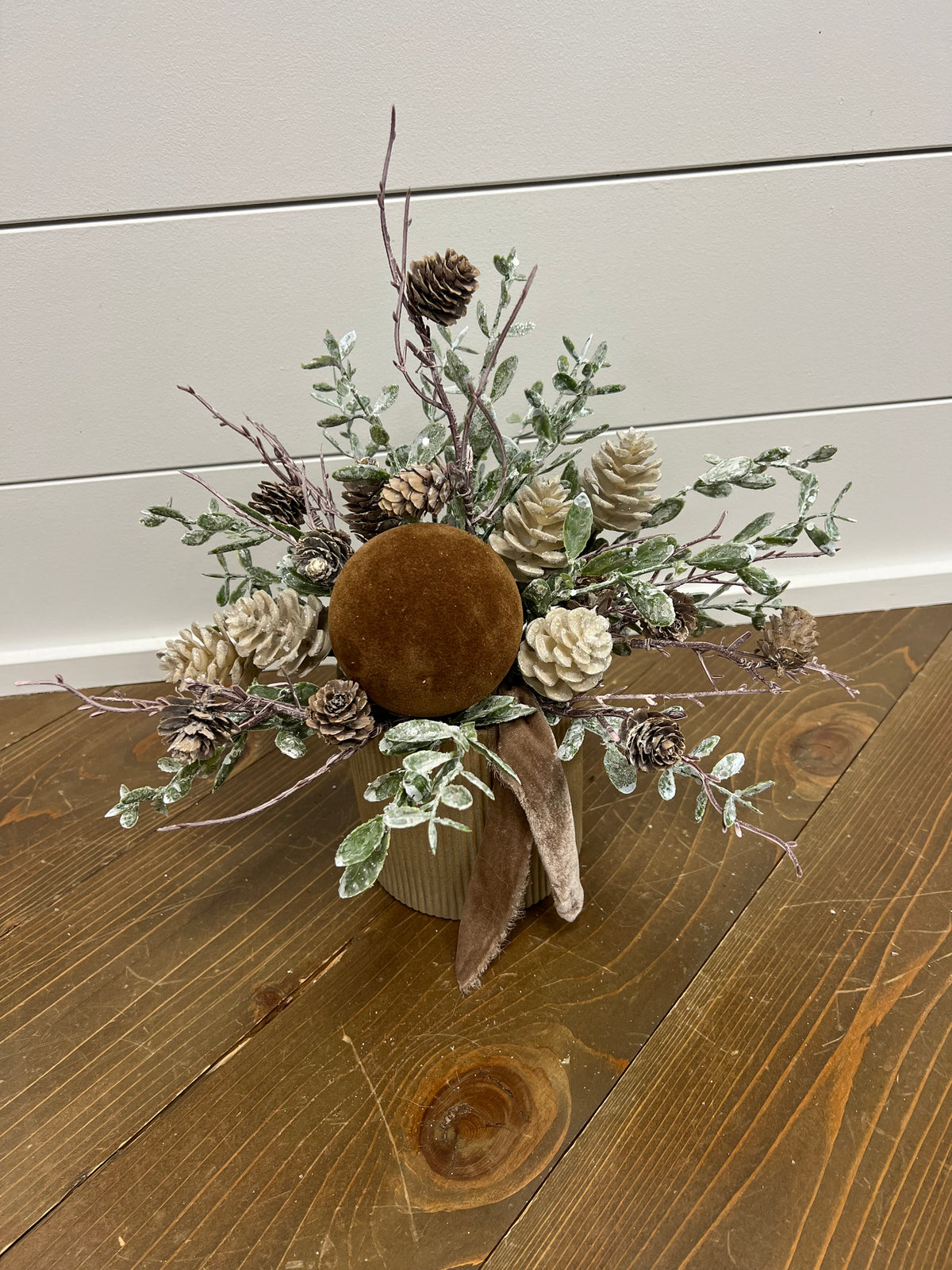 Velvet Ornament Arrangement with Champagne Pinecones