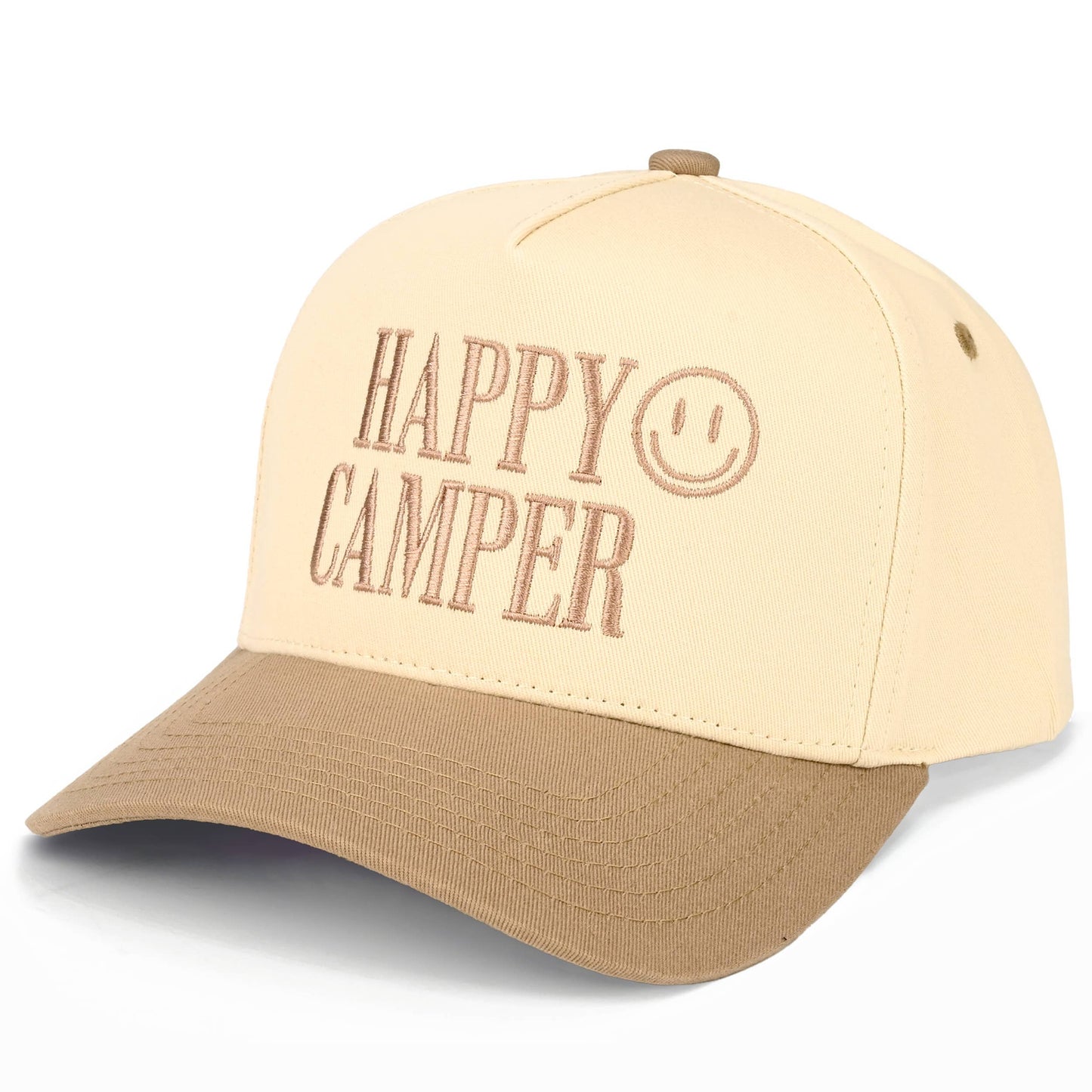 C.C HAPPY CAMPER Letter Embroidered on Two Tone Trucker Hat