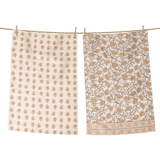 Asst Tea Towels - Block Print, Mustard Floral