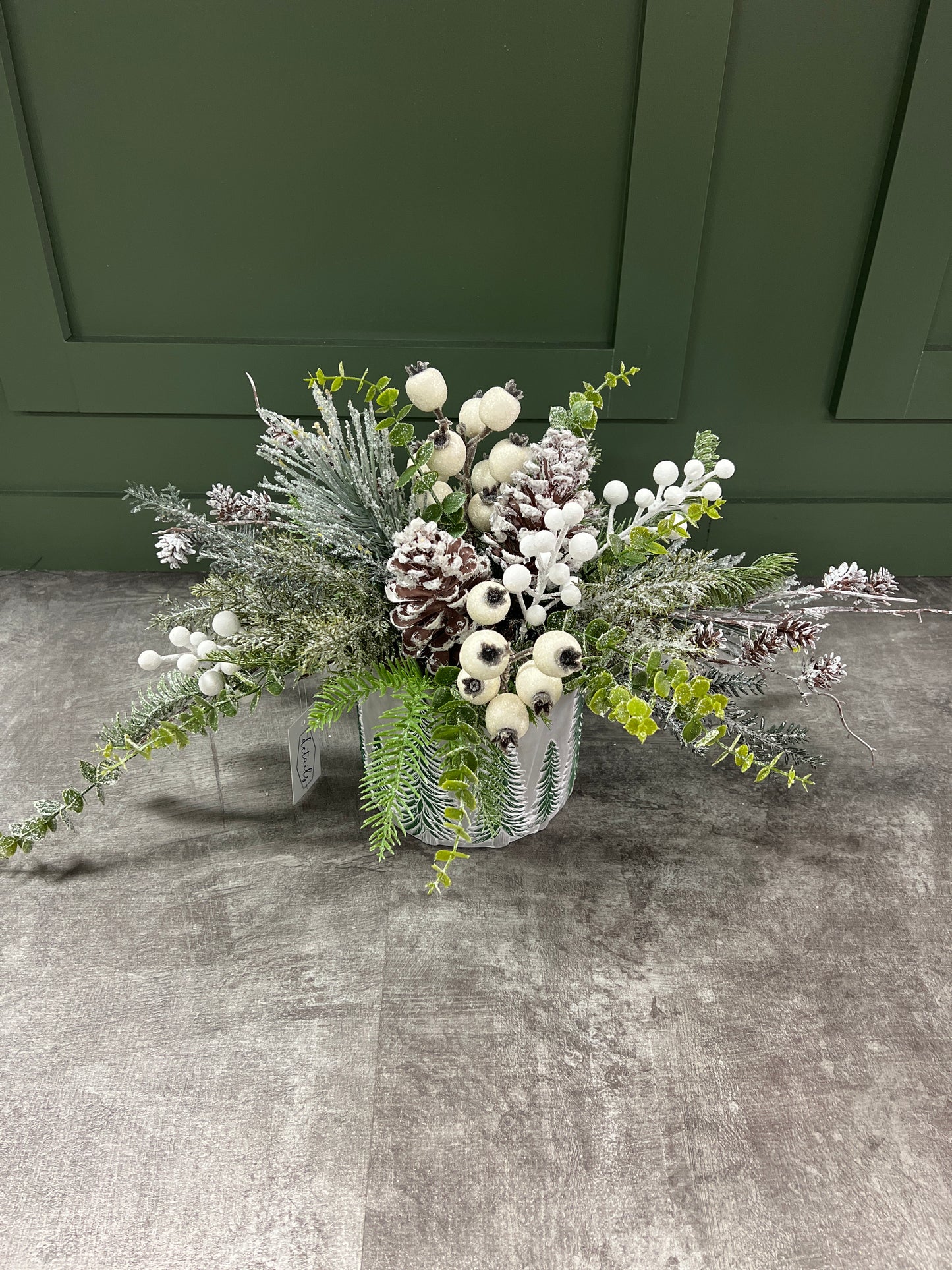 Cream Berry with Evergreen in Evergreen Container