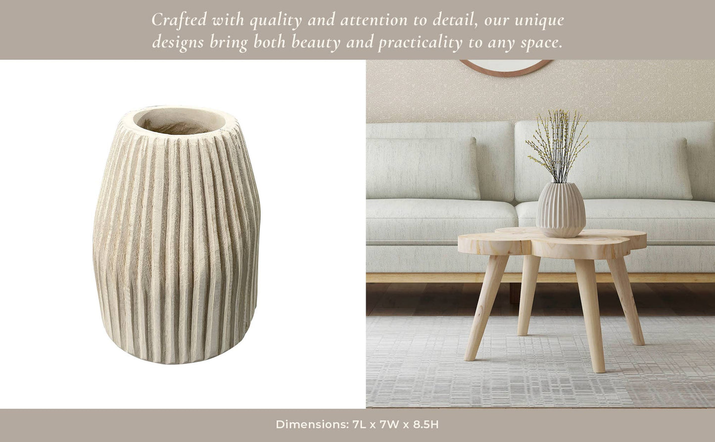 Wood Grooved Carved Texture Decorative Vase - White, 9 in.