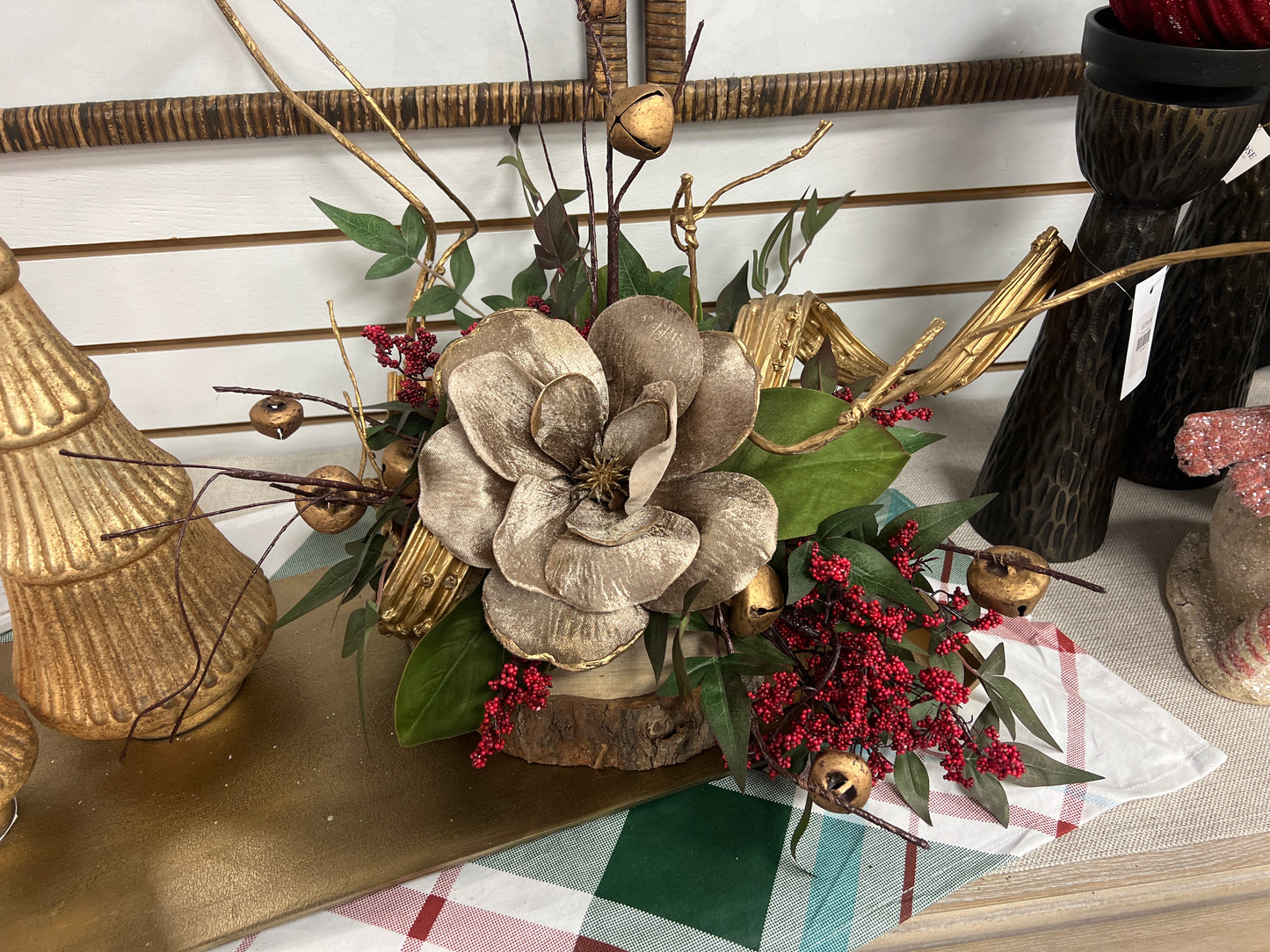 Brown Poinsettia with Red and Gold Bells