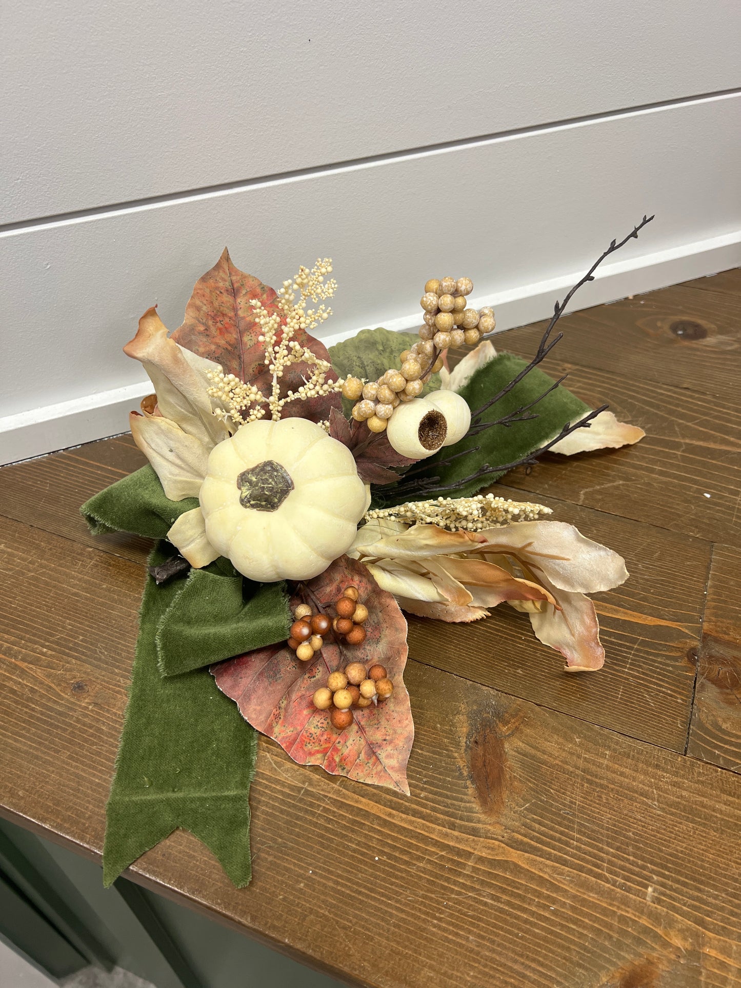 Cream Pumpkin with Velvet Green Ribbon