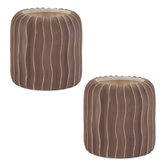 Brown Ceramic Container with White etched