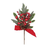 Pine/Berry/Cone Spray w/Ribbon 16”H Plastic