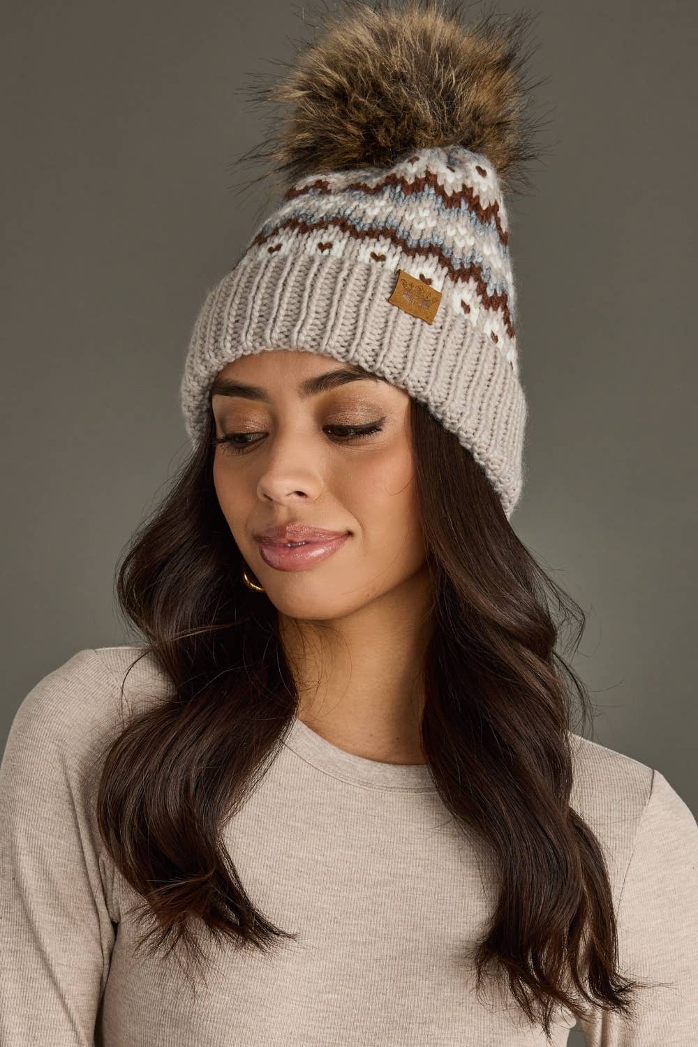 Taupe, Brown & White Winter Pattern Pom Hat