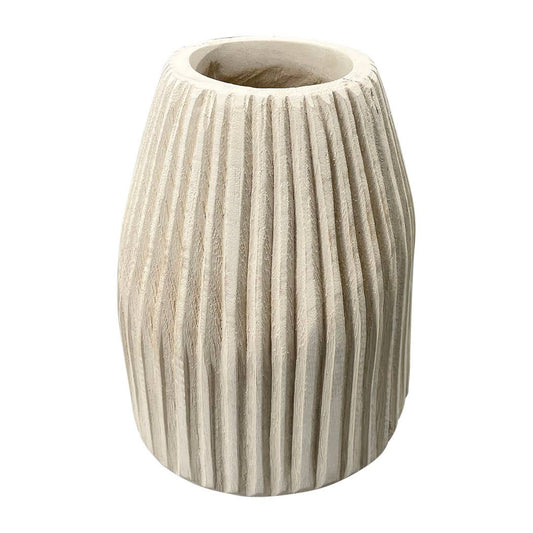 Wood Grooved Carved Texture Decorative Vase - White, 9 in.