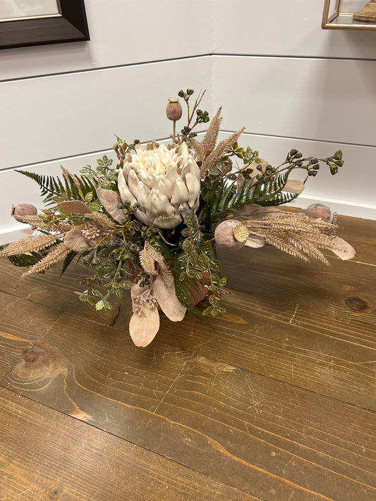 Cream Protea in Mauve Container