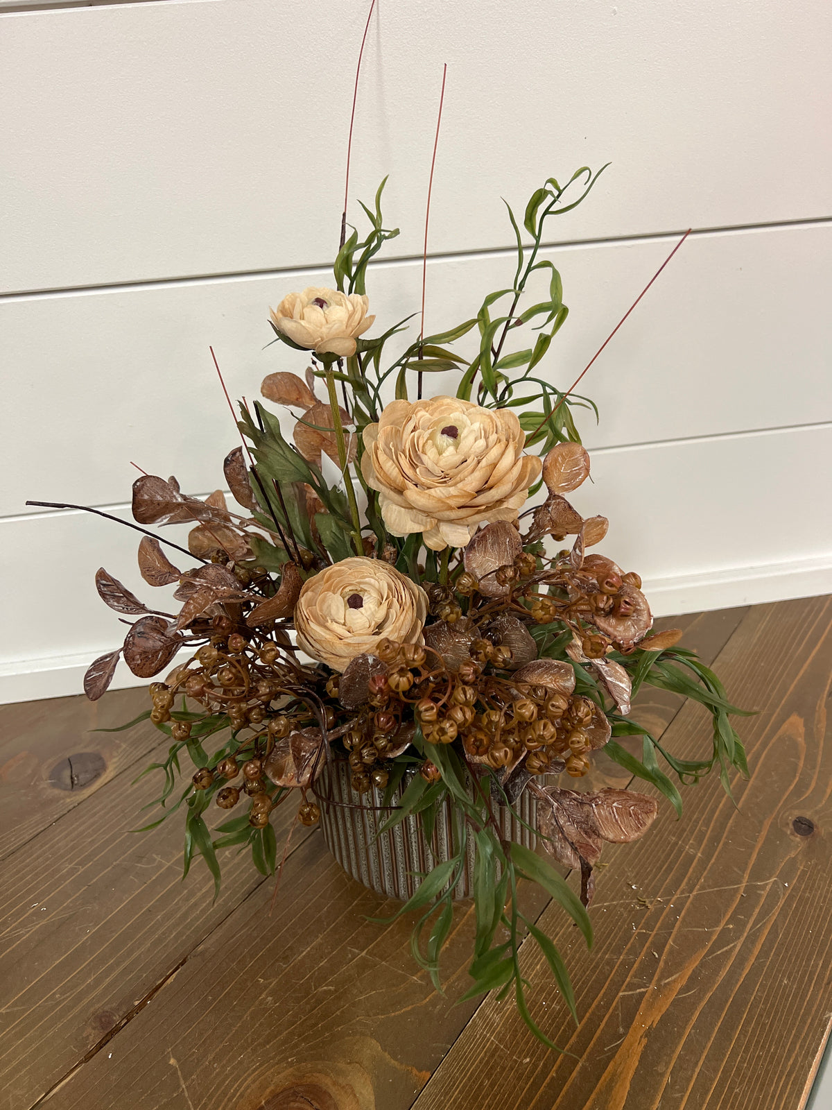 Tan Ranunculus with Greenery and Brown Berries