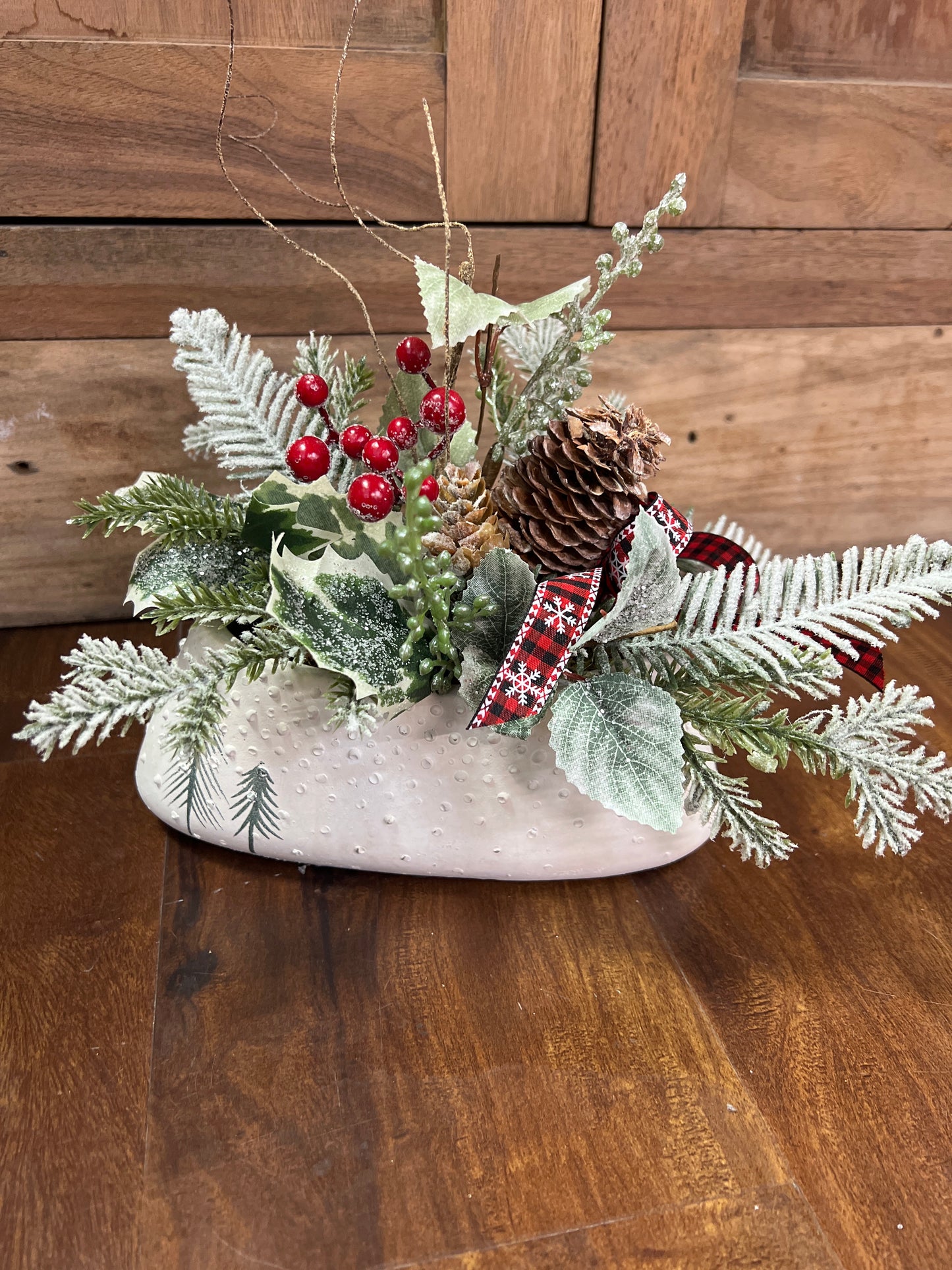 Skinny Tree Planter with Greens and Ribbon