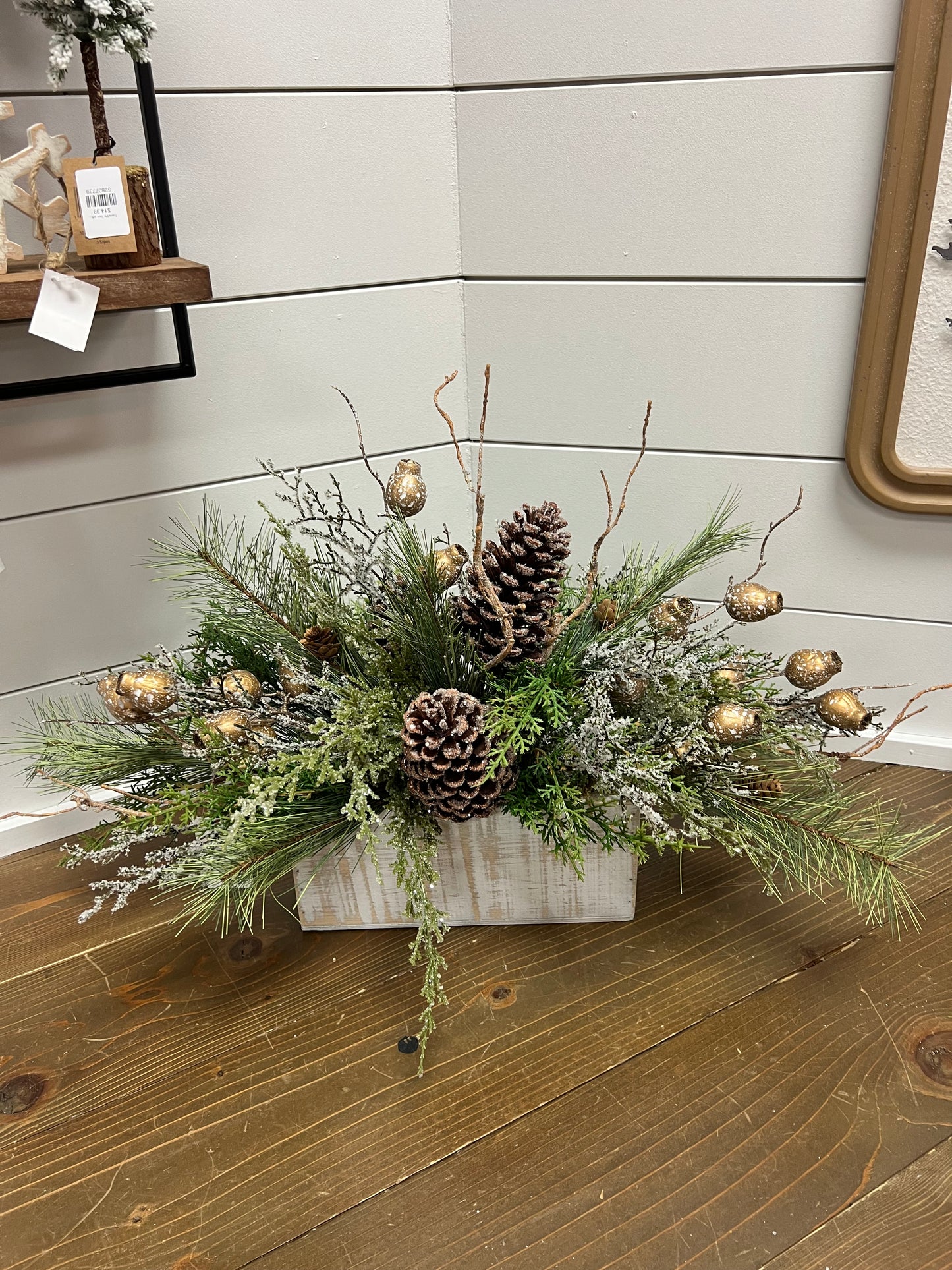 Pinecone with Gold Accents in Rustic White Container
