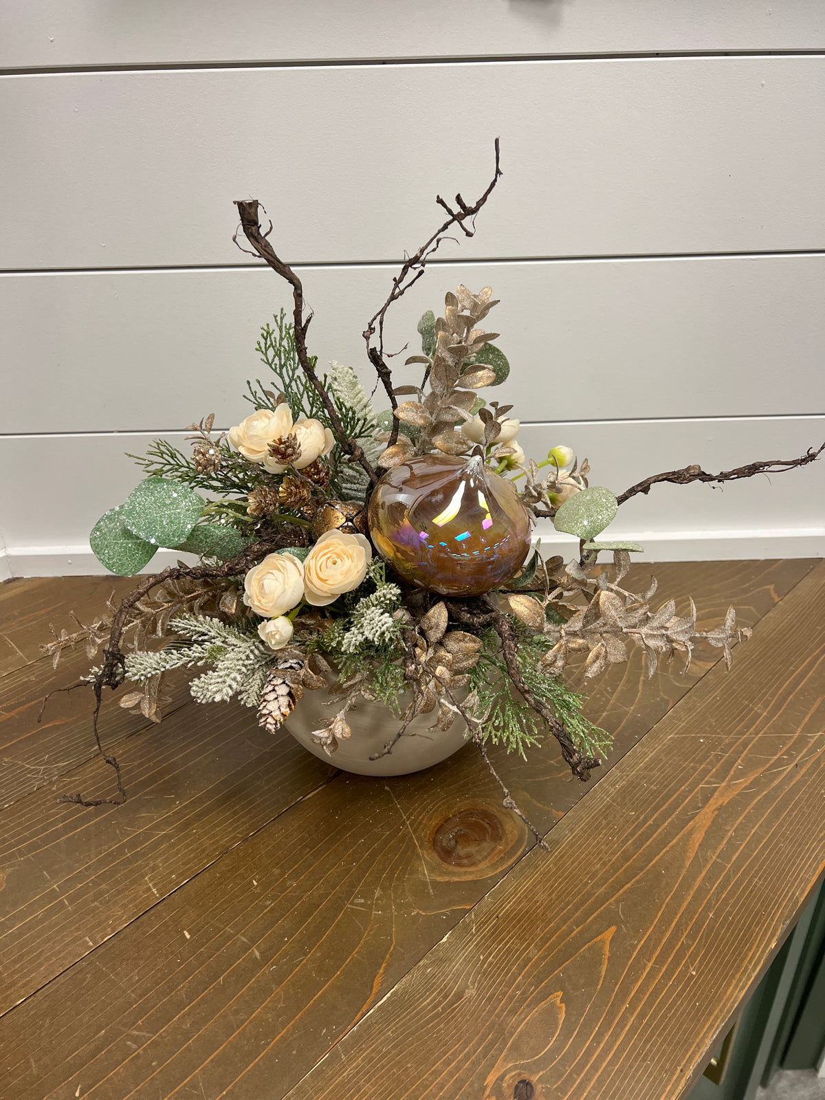 Cream Ranunculus with Gold Bells Arrangement