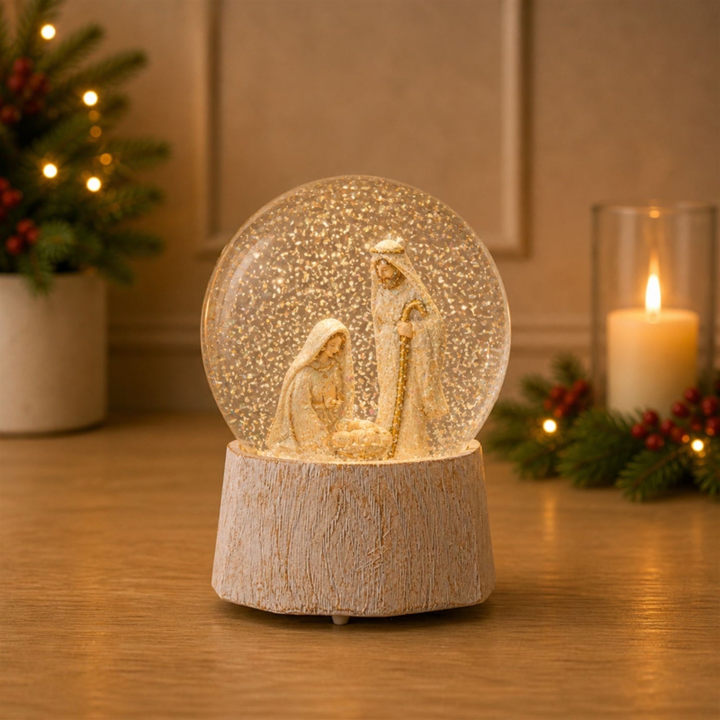 Musical Snow Globe with Holy Family 5.75”