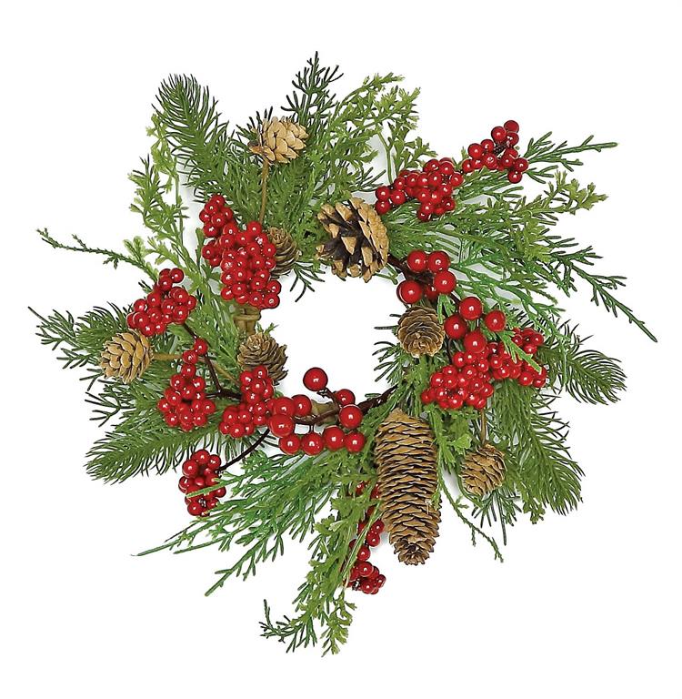 MIXED CEDAR & PINE & BERRY & CONE CANDLE RING, 3.5" INNER, 12" OUTER, RED/GREEN