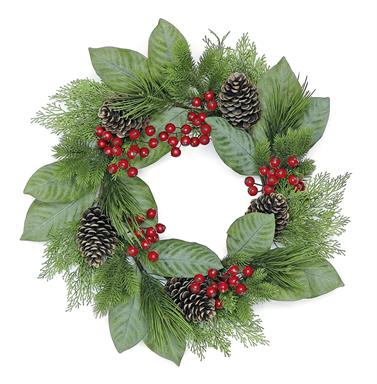 Magnolia Leaf, Berry & Cone Wreath, Green/Red