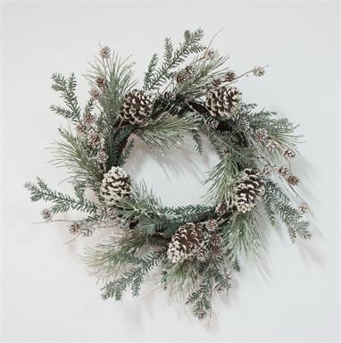 MIXED SNOWY PINE & PINECONE WREATH, 24", WHITE/GREEN